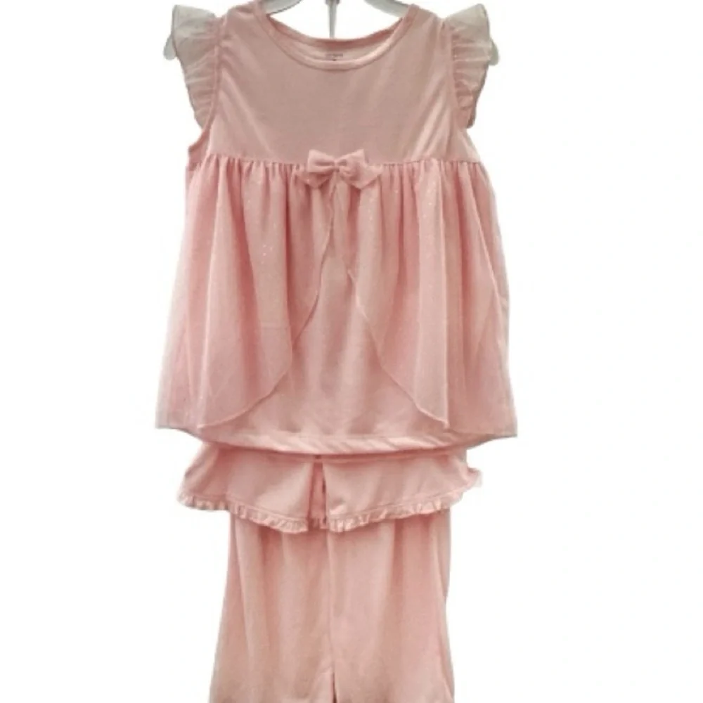 Carter’s Sleepwear Girls 3 Pc Pink Ruffled Sparkle Top, Pants, Shorts Set NWT